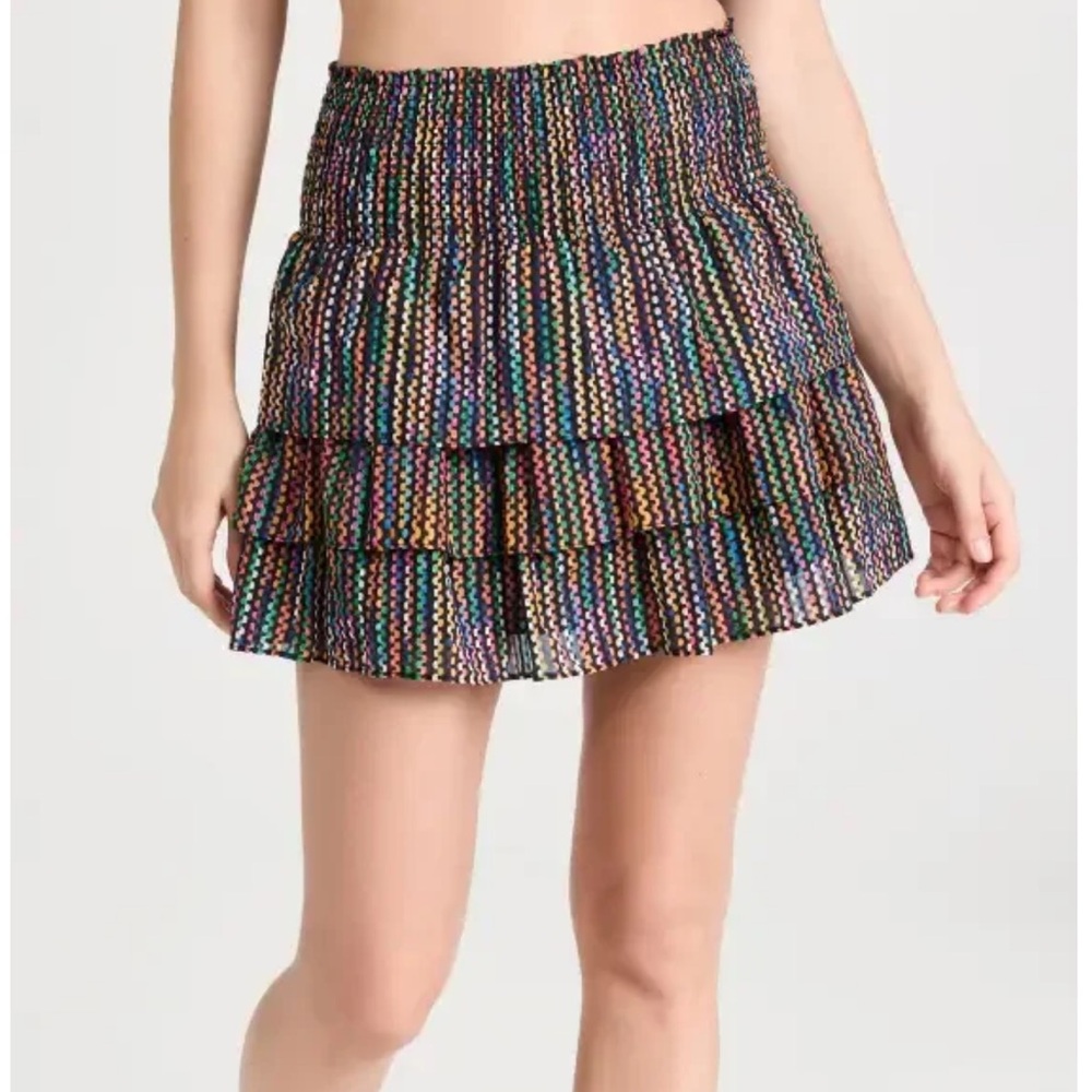 Ramy Brook Raquel Striped Tiered Mini Skirt Large Smocked Waist